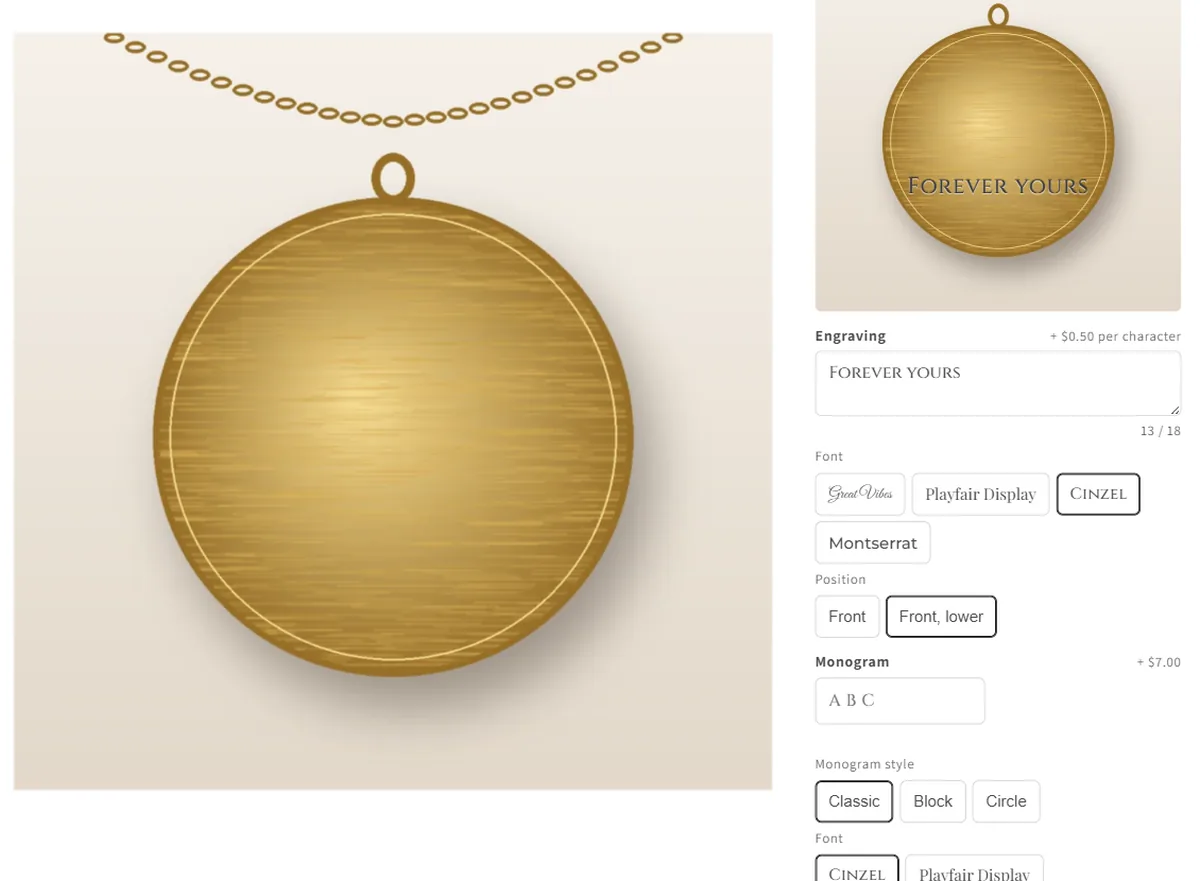 Gold pendant with "Forever yours" engraved in the preview, font choices and a monogram field