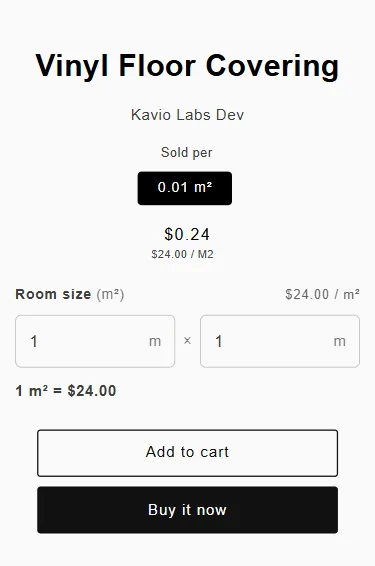 Mobile product page of a vinyl floor covering with two inputs for the room size and the total price