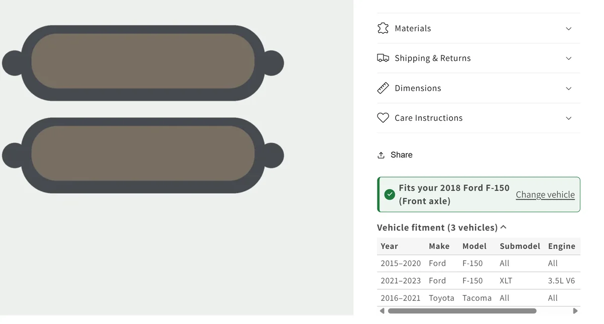 Product page of ceramic brake pads with a green Fits your 2018 Ford F-150 badge and the fitment table