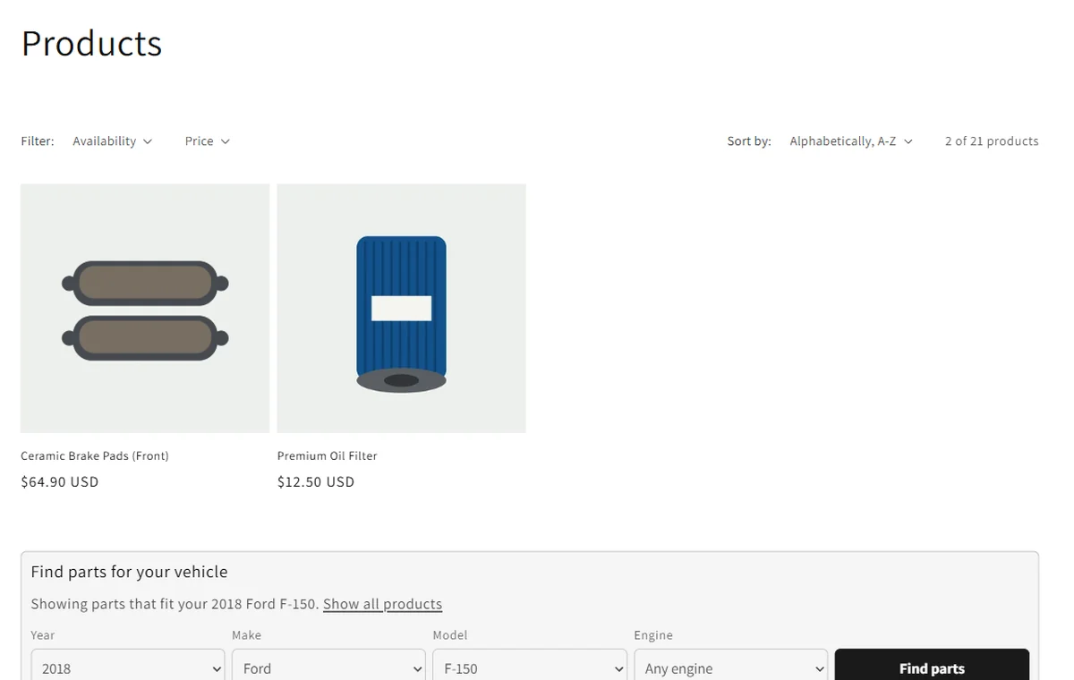 Collection page showing only the parts that fit a 2018 Ford F-150
